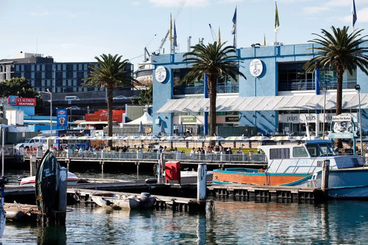 Sydney Fish Market waterfront with fishing boats docked, palm trees, and market building in Pyrmont on a sunny day