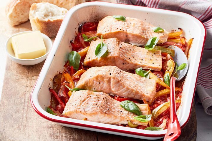 Baked Salmon On Peperonata in baking tray.