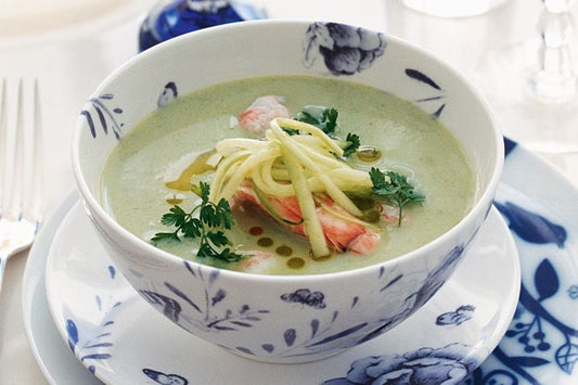 Chilled Cucumber Soup With Scampi in a bowl.