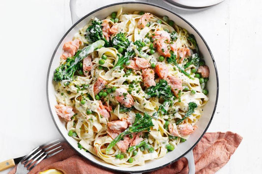 Creamy Fettuccine With Smoked Trout in serving dish.