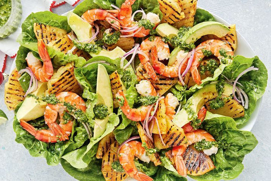 Cuban Prawn, Avocado And Pineapple Salad on a plate.