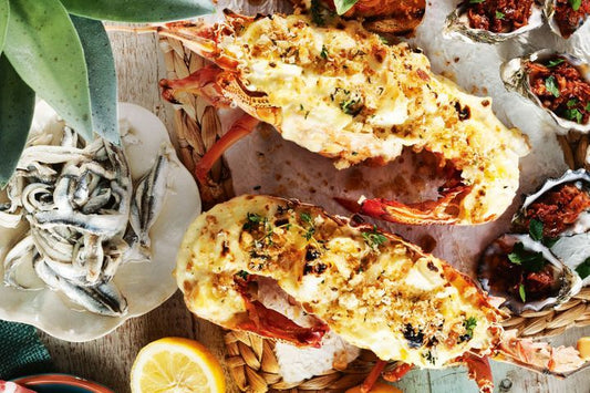 Grilled Lobster With Parmesan Sauce And Thyme Pangrattato on display.