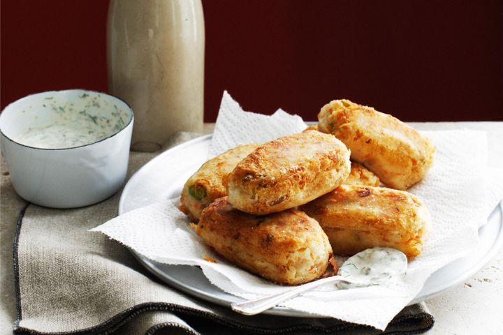 Salmon Rissoles on white plate.