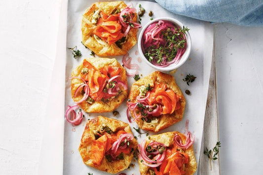 Smoked Ocean Trout And Cream Cheese Pastries on serving platter.