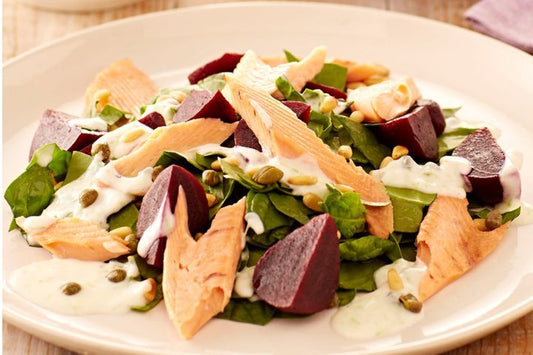 Smoked Trout With Spinach And Beetroot Salad displayed on plate.