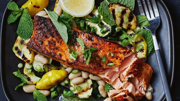 Spicy Sugar-Grilled Salmon & Zucchini Salad presented on plate.