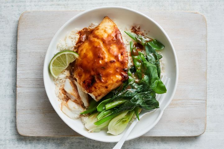 Sweet And Sticky Miso Glazed Fish presented in white bowl.