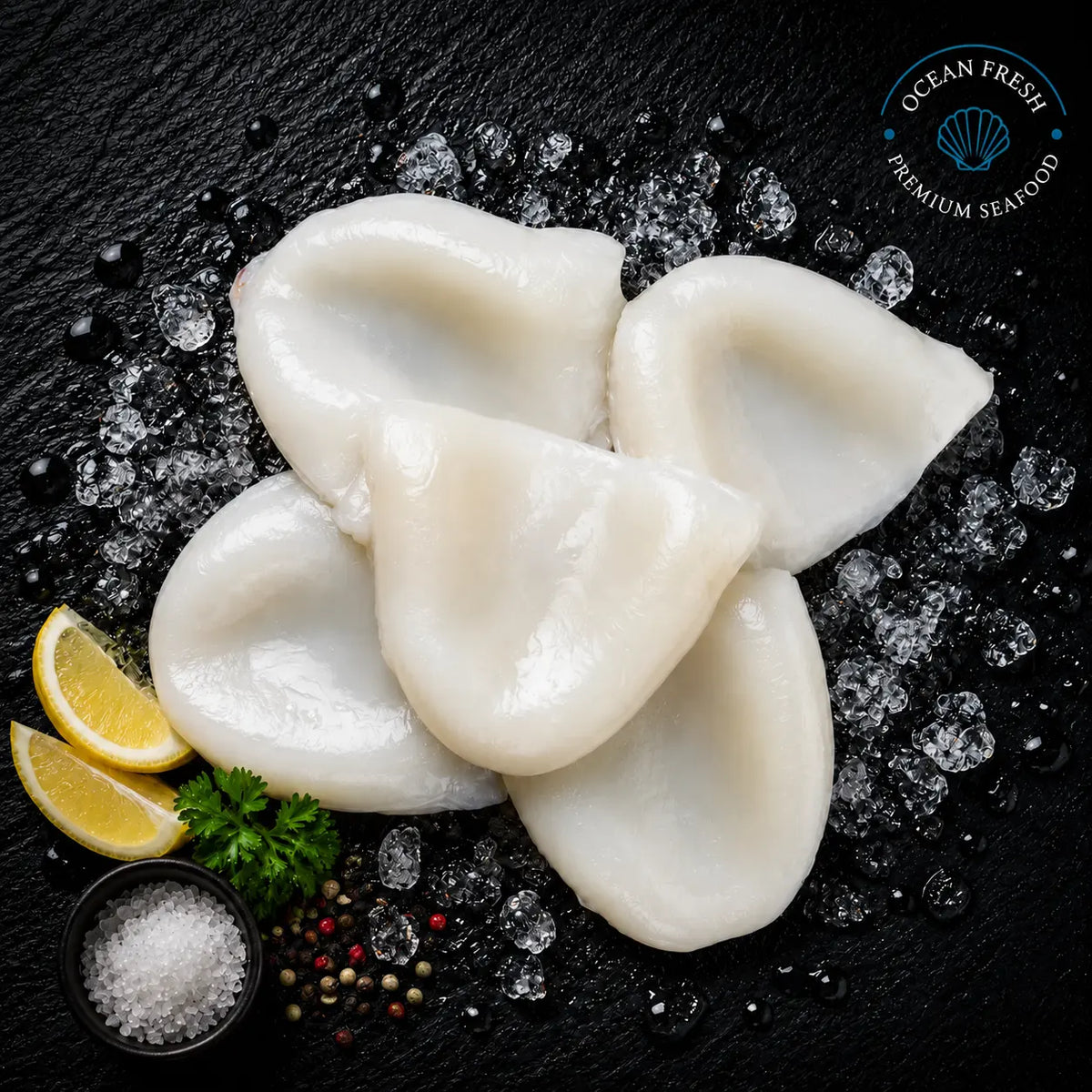 Frozen cleaned cuttlefish pieces arranged on black slate with crushed ice and lemon