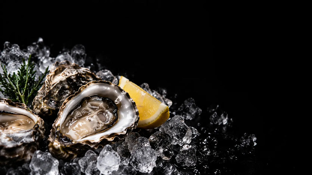 Fresh oysters on the bone served on crushed ice with a lemon wedge and a sprig of rosemary, set against a solid black background.