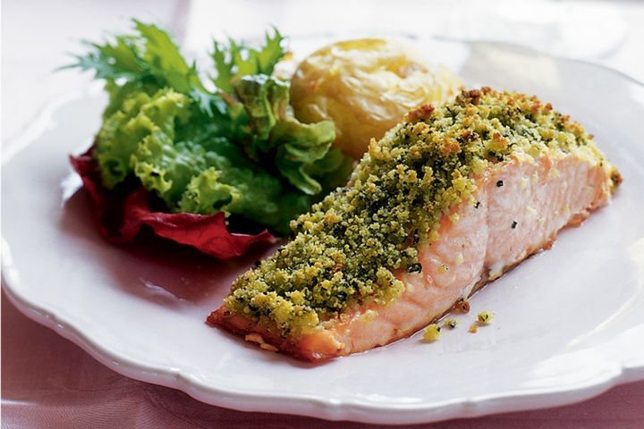 Baked Salmon on white plate.