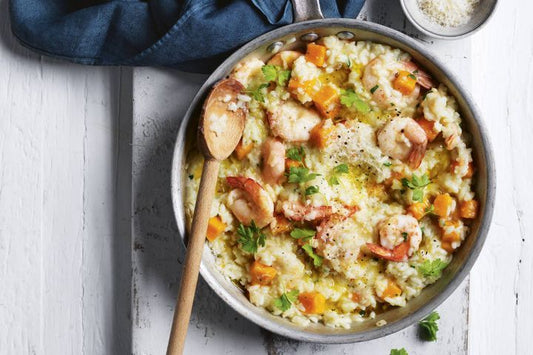 Banana Prawn Risotto displayed in a white bowl.