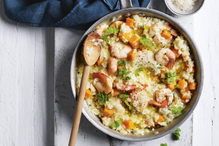 Banana Prawn Risotto displayed in a white bowl.