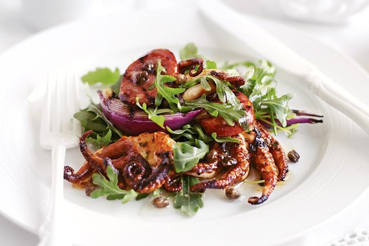 Barbecued Octopus And Chorizo Salad displayed on a white plate.