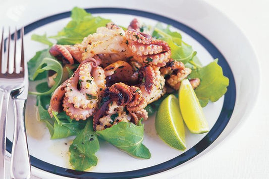Barbequed Octopus displayed on a dish.