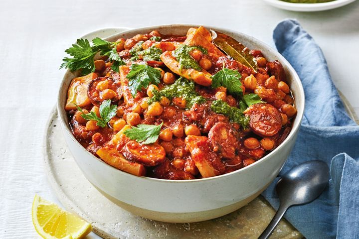 Braised Squid With Chorizo And Mojo Sauce served in a bowl.