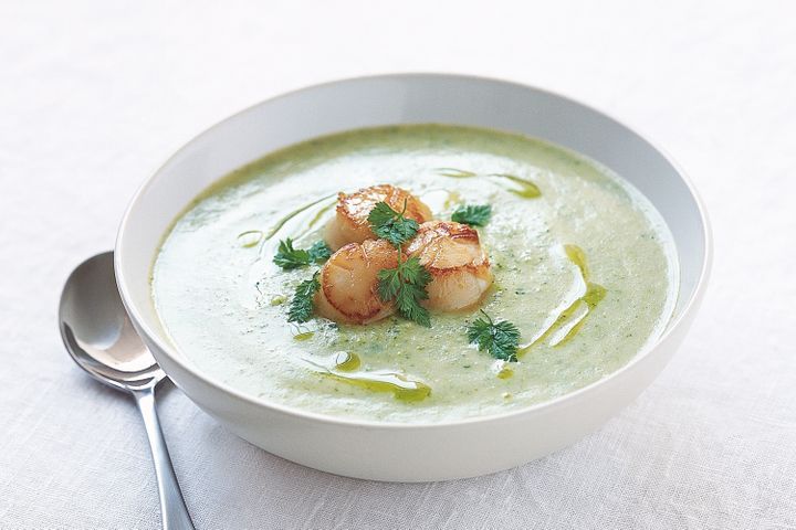 Broccoli Soup With Scallops displayed in white bowl.