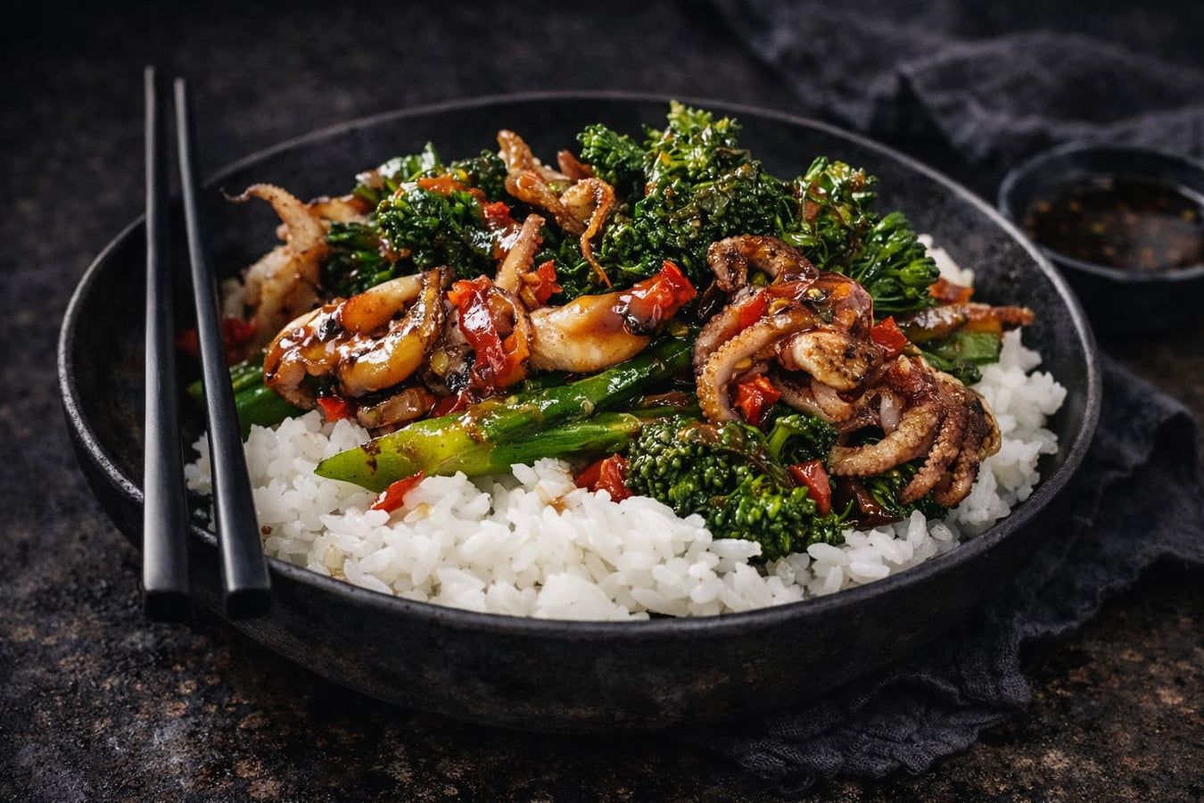 Chilli Baby Octopus Stir Fry With Broccolini