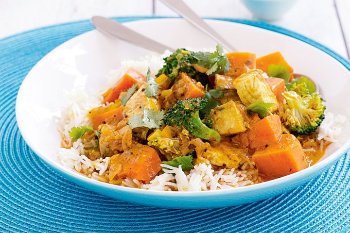 Coconut Swordfish Curry in a bowl.