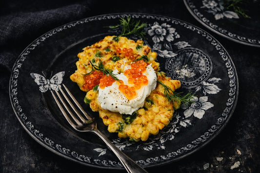 Corn And Pea Fritters With Salmon Roe