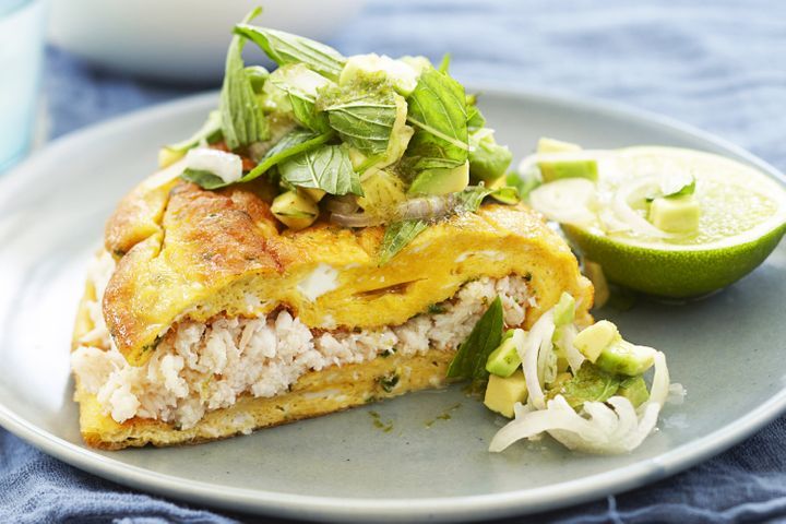 Crab Omelette With Avocado Salsa on a plate.