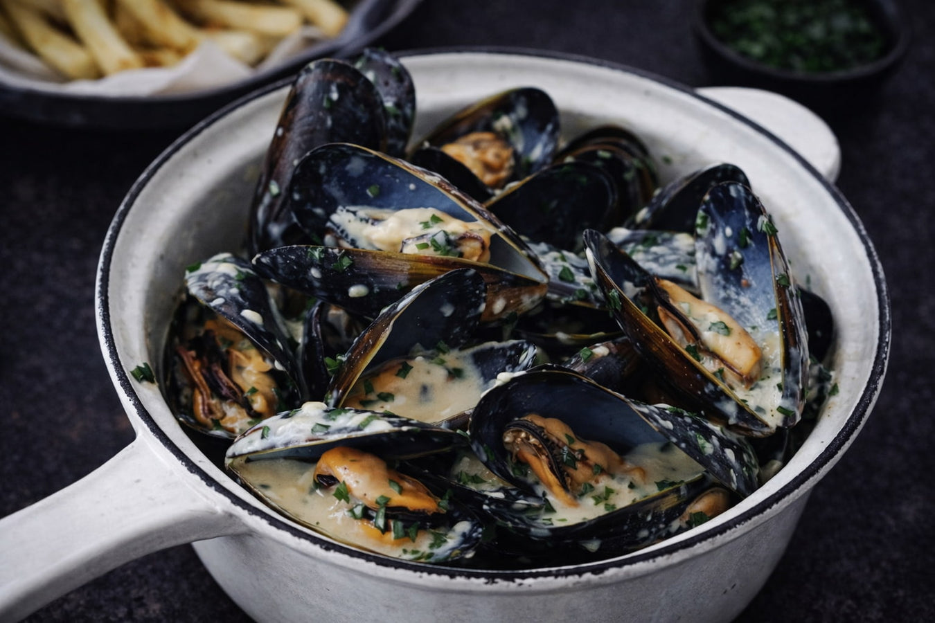 Creamy Garlic Mussels With Chips