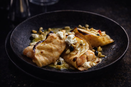 Crespelle With King Prawns, Burnt Butter, Currants And Pine Nuts