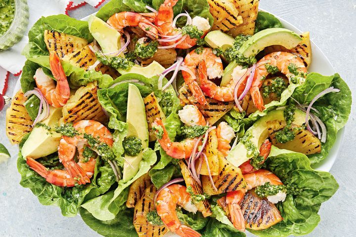 Cuban Prawn, Avocado And Pineapple Salad on a plate.