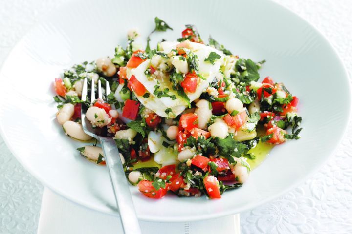 Cuttlefish With White-Bean Tabbouleh presented in a white bowl.