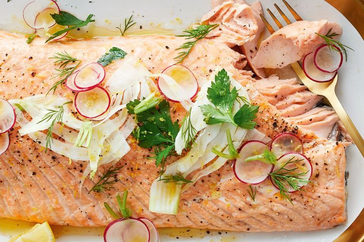 Easiest Ever Baked Salmon displayed on plate.