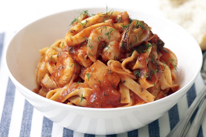 Fettuccine Marinara in a white bowl.