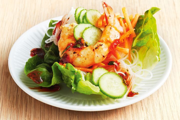 Garlic Prawn Lettuce Cups displayed on white plate.