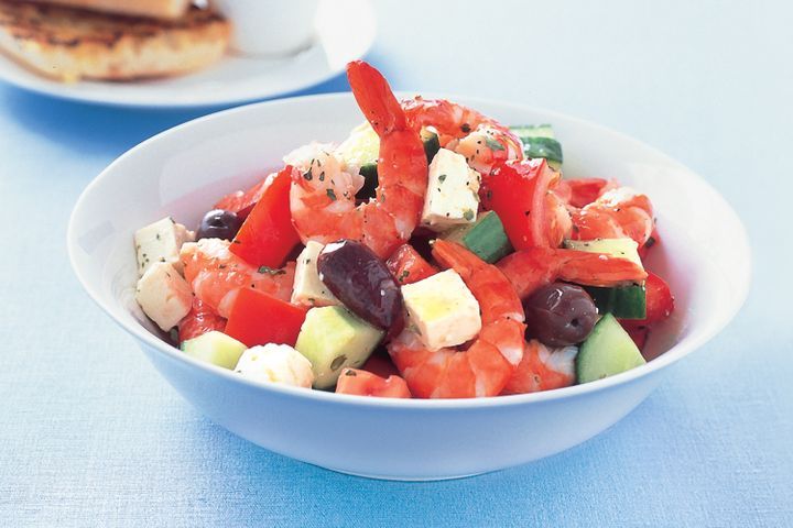 Greek Style Prawn Salad served in a bowl.