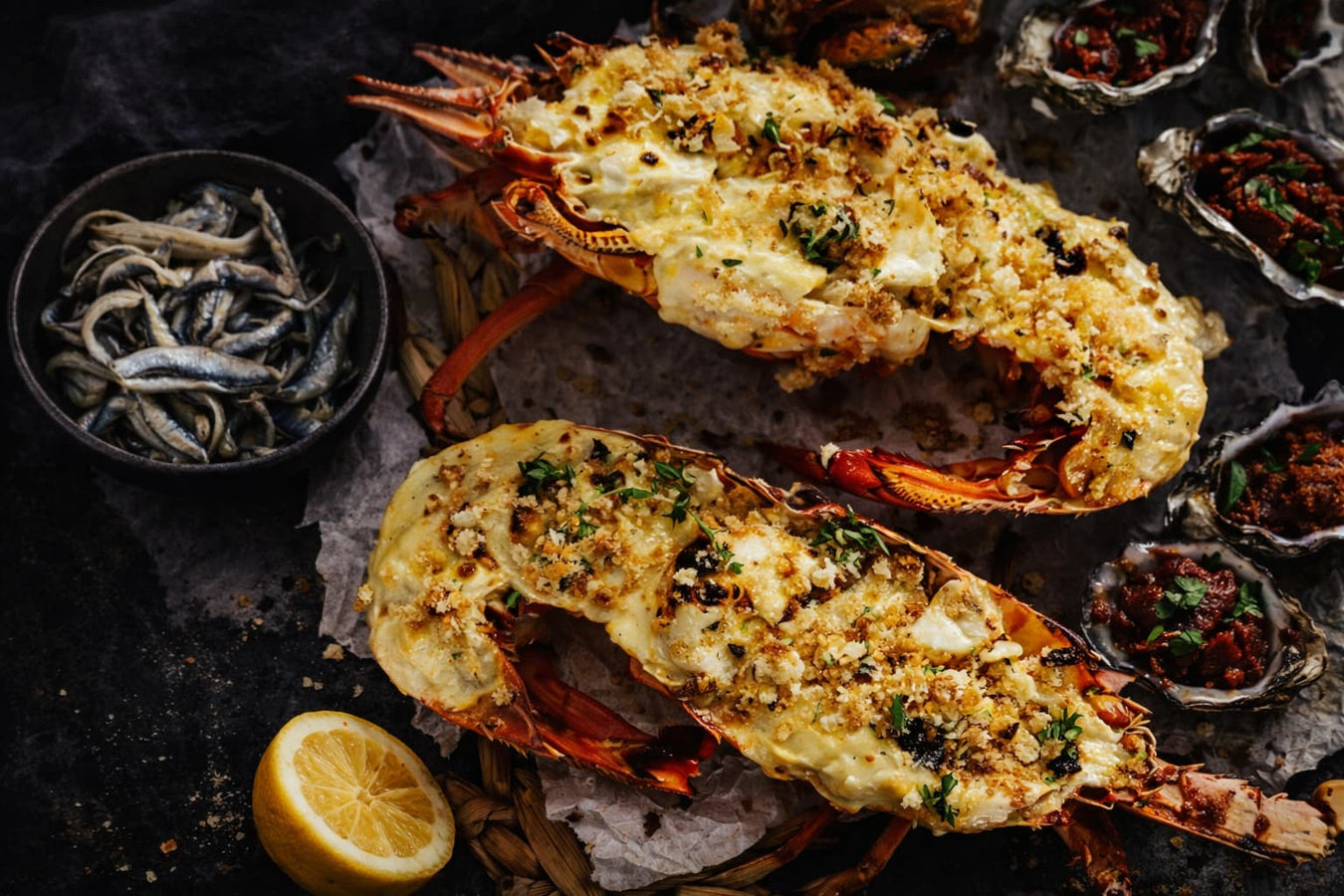 Grilled Lobster With Parmesan Sauce And Thyme Pangrattato
