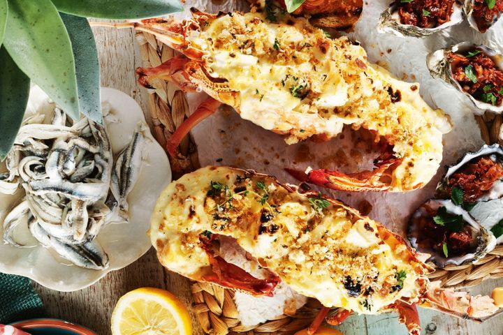 Grilled Lobster With Parmesan Sauce And Thyme Pangrattato on display.