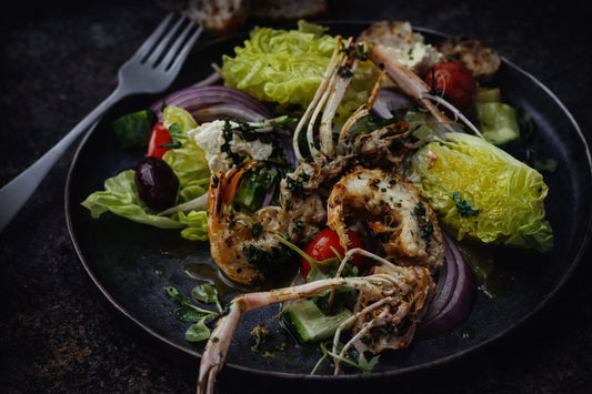 Grilled Scampi With Greek Salad