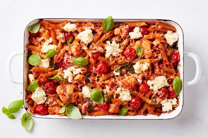 Salmon Pasta Bake in a white tray.