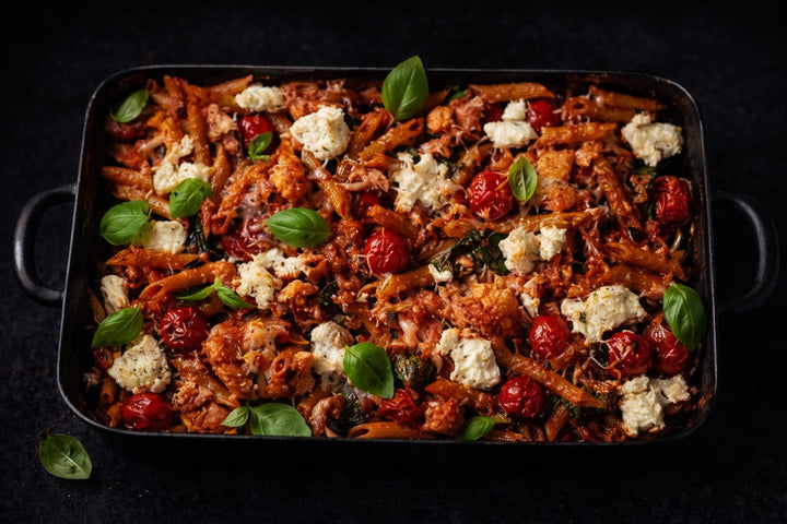 Salmon Pasta Bake in black baking dish.
