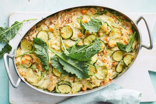 Healthy Tuna Mornay in baking dish.