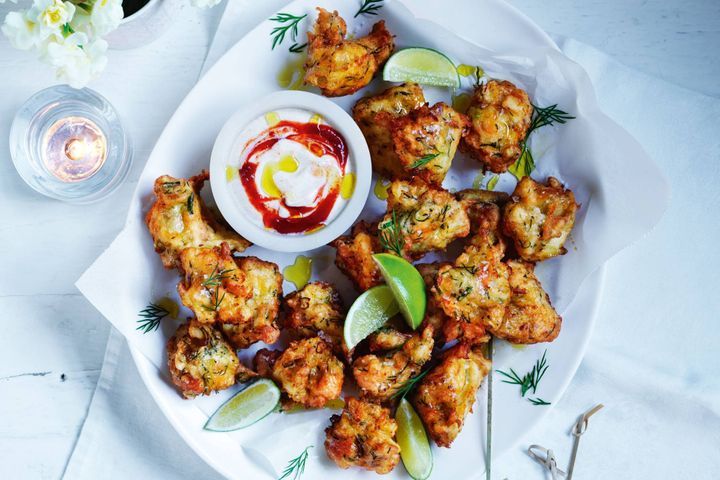 Hot Smoked Salmon And Potato Fritters displayed on plate.