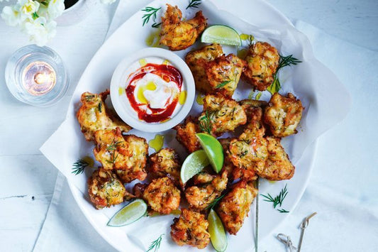 Hot Smoked Salmon And Potato Fritters displayed on plate.