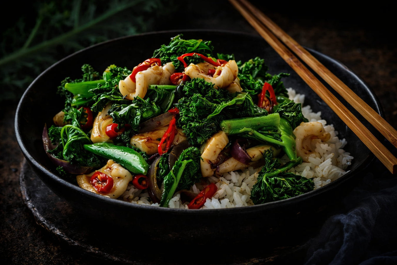 Kale, Chilli And Squid Stir Fry