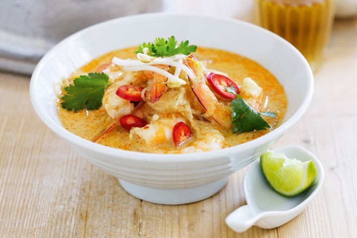 King Prawn Laksa presented in a white bowl.