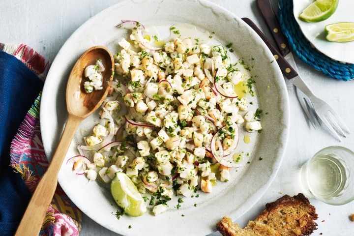 Kingfish And Prawn Ceviche in a bowl.