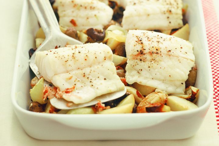 Ling, Potato And Mushroom Bake in baking dish