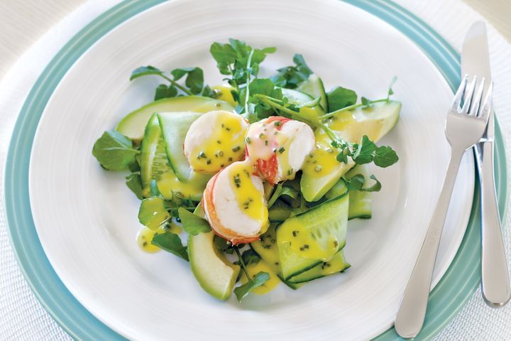 Lobster and Watercress Salad with Lime Butter on white plate.