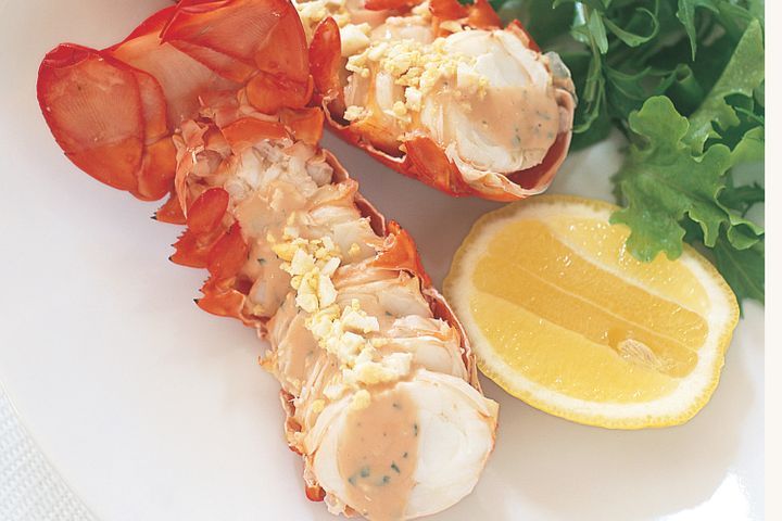 Lobster With Marie Rose Mayonnaise presented on white plate.