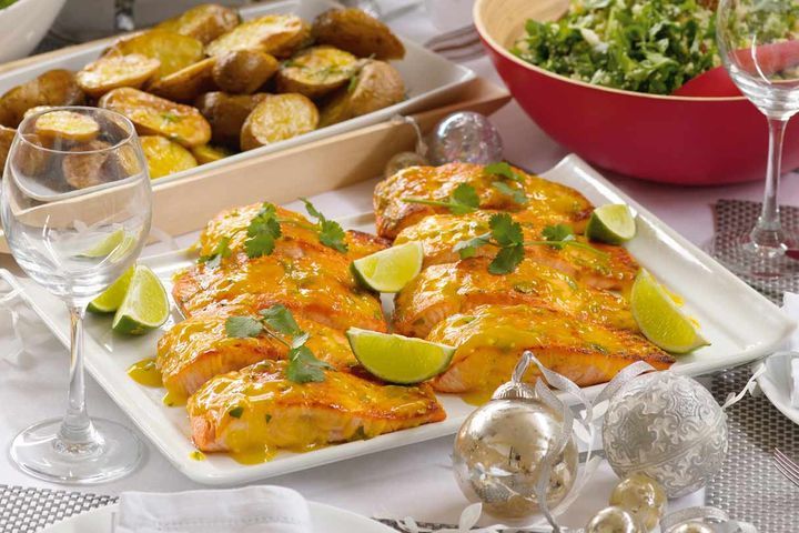Mango Glazed Fresh Atlantic Salmon on serving dish.