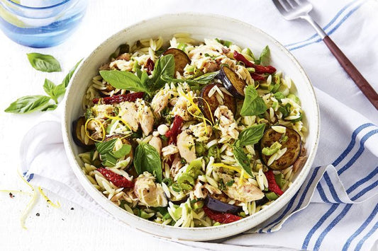 Mediterranean Style Mackerel Pasta Salad presented in a bowl.