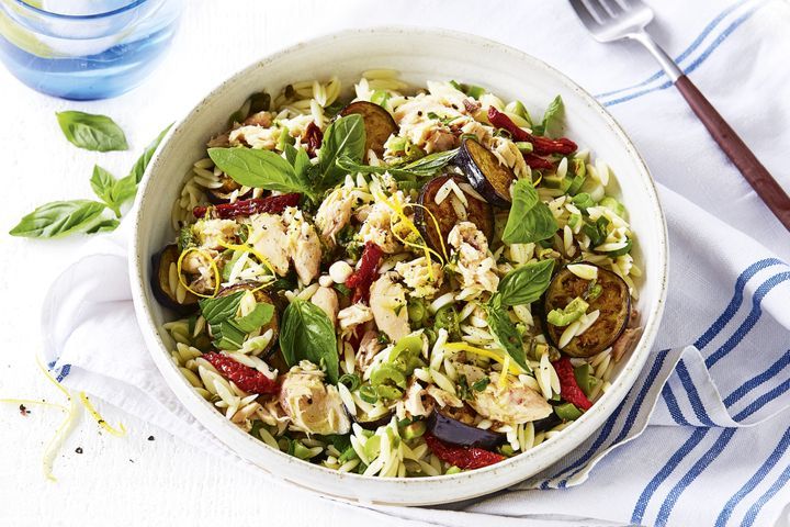 Mediterranean Style Mackerel Pasta Salad presented in a bowl.