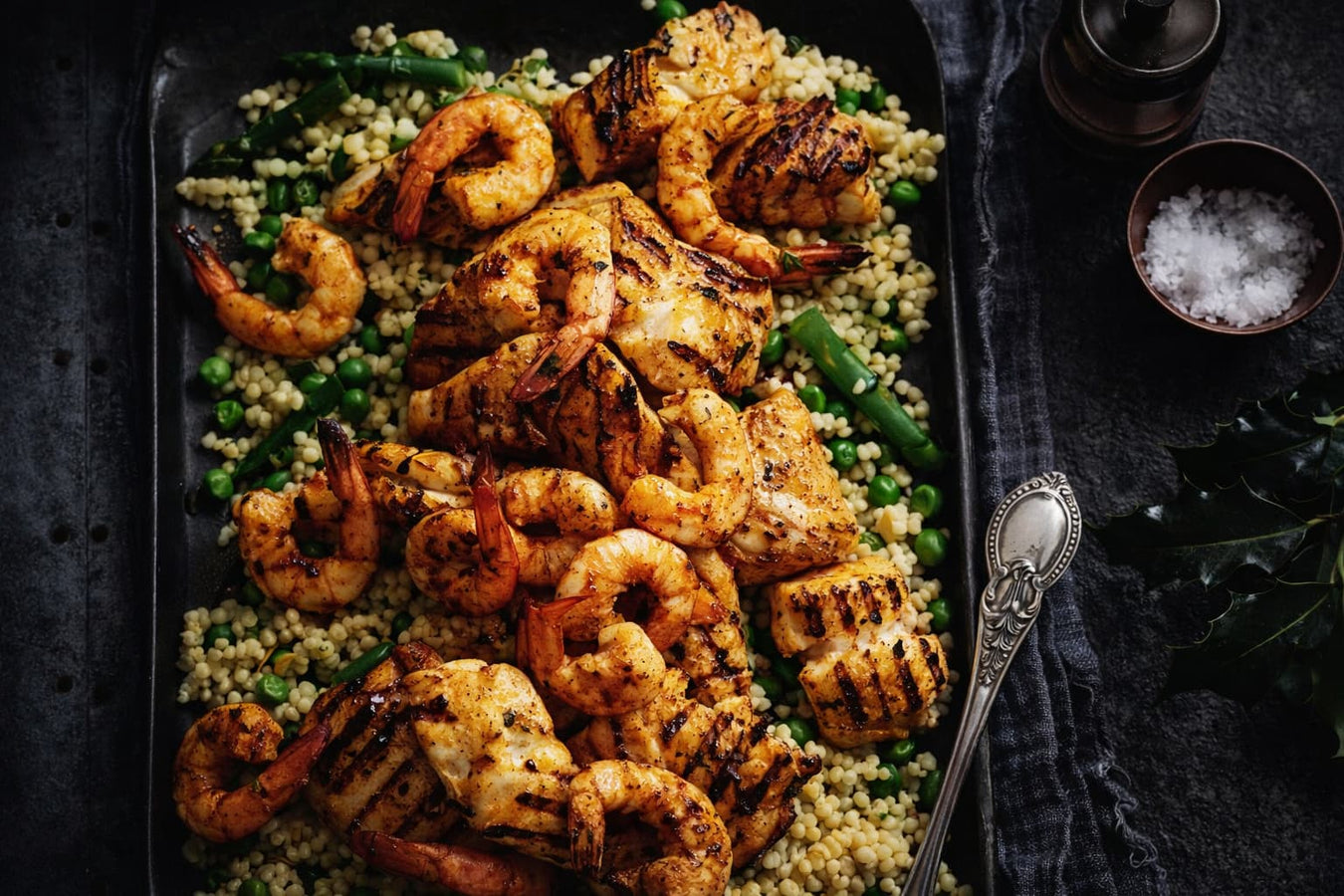 Moroccan Seafood Platter With Citrus And Mint Pearl Couscous